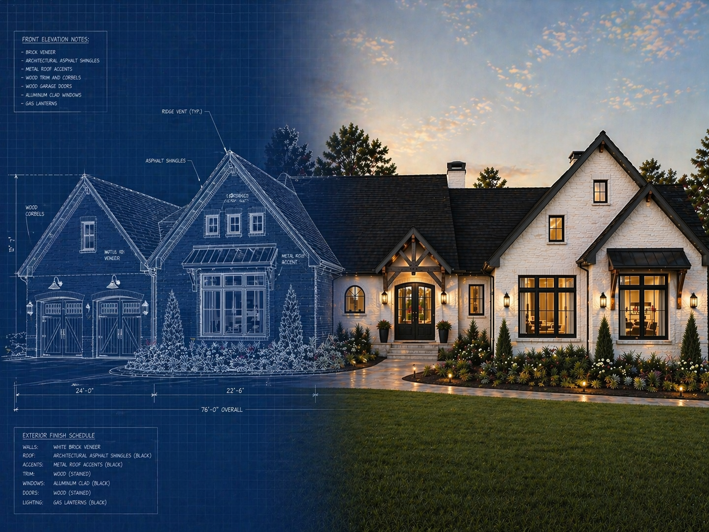 Modern custom home at dusk